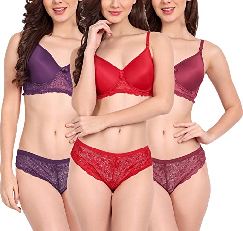 Image of FIMS - Fashion is my style Women Cotton Floral Lace Padded, Non-Wired, Full Coverage, Seamless Bra Panty Set, Multicolor, Lingerie Set