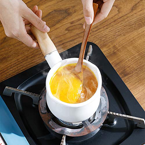 Enamel Milk Pan, Mini Butter Warmer 10cm Enamelware Saucepan Pan Cookware with Wooden Handle, Perfect Size for Heating Smaller Liquid portions. (White) 2 Gallery Image