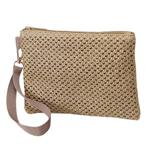 Casual Bohemian Straw Wristlet Clutch Bag for Women Solid Color Beach Vacation Zippered Purse Small Handbag Wallet