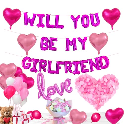 Image of Will You Be My Girlfriend Balloons 60pcs pink hot pink and white balloon kit Include 18 Inch Heart Shaped Balloons and 1000 Pink Artificial Rose Petals Romantic Decoration Kit for Valentines Party
