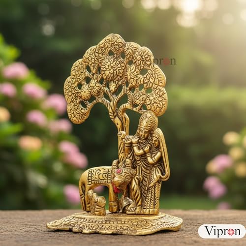 Image of Brass Finish Metal Lord Krishna with Cow and Tree Statue - Spiritual Hindu Art Decor for Home, Office, and Pooja Room - 5.7-inch Elegant Statue of Krishna