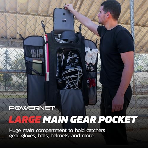 PowerNet Optimus Catcher's Bag, Rolling Equipment Bag Holds All Baseball & Softball Gear, 7 Internal Bat Sleeves, Cleat Compartment, Personalization Panel & Hooks