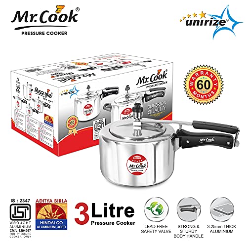 Image of MR COOK By United Metalik Regular Aluminium Non-Induction Pressure Cooker with Inner Lid, 3 Litre (Silver)