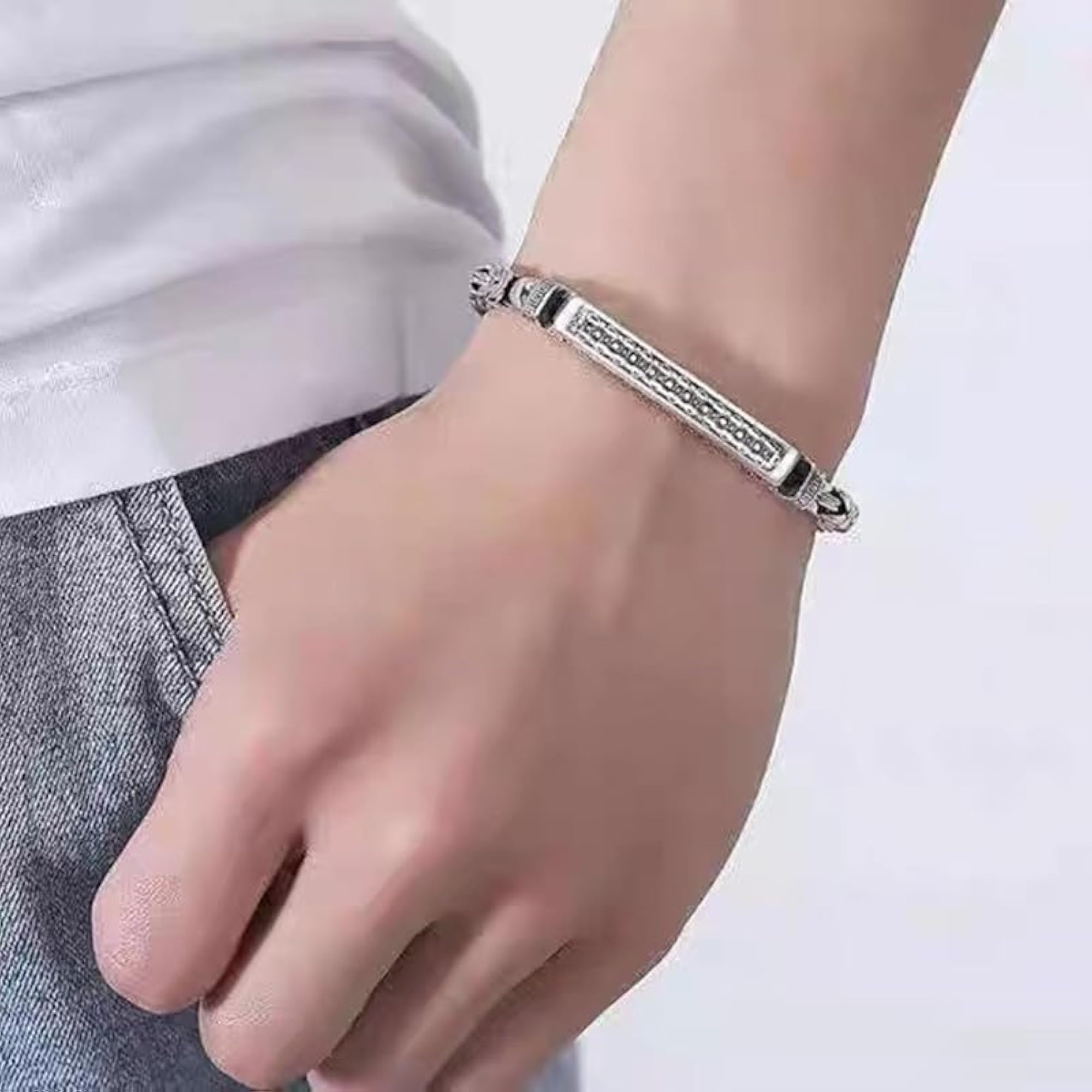 Vintage Peace Pattern Silver Bracelet, Bold Design