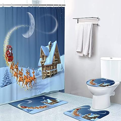 LOKMU 4 Pcs Shower Curtain Sets with Non-Slip Rugs,Toilet Lid Cover and Bath Mat,Christmas Night Scene Waterproof Shower Curtain with 12 Hooks, Bathroom Decor Sets, 72"x 72" Cover