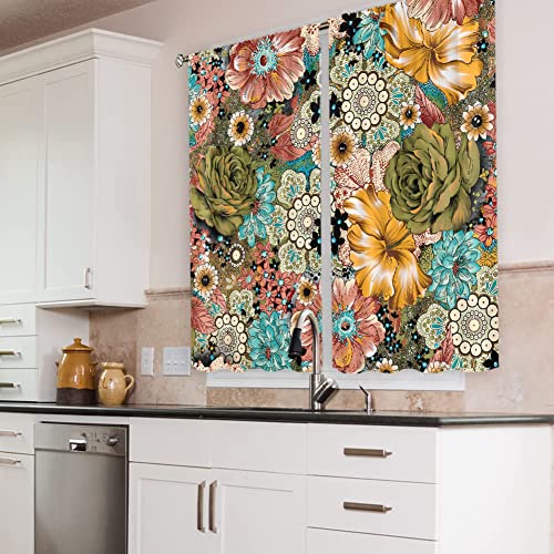 Cinbloo Mandala Bohemian Flower Kitchen Curtains Rod Pocket 27.5W X 39L Inch Boho Floral Kitchen Decor Indian Medallion Cafe Curtains Paisley Women Colorful Blossom Art Printed Window Drapes 2 Panels #TOP2