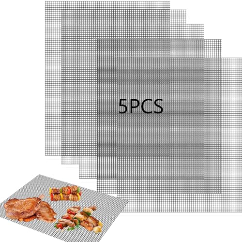 5Pcs BBQ Grill Mesh Mat, Non Stick BBQ Grill mats,Reusable Grilling Mats Net Barbecue Works on Gas Baking Cooking Barbecue, Heat Resistant to 260°C, Easy to Clean