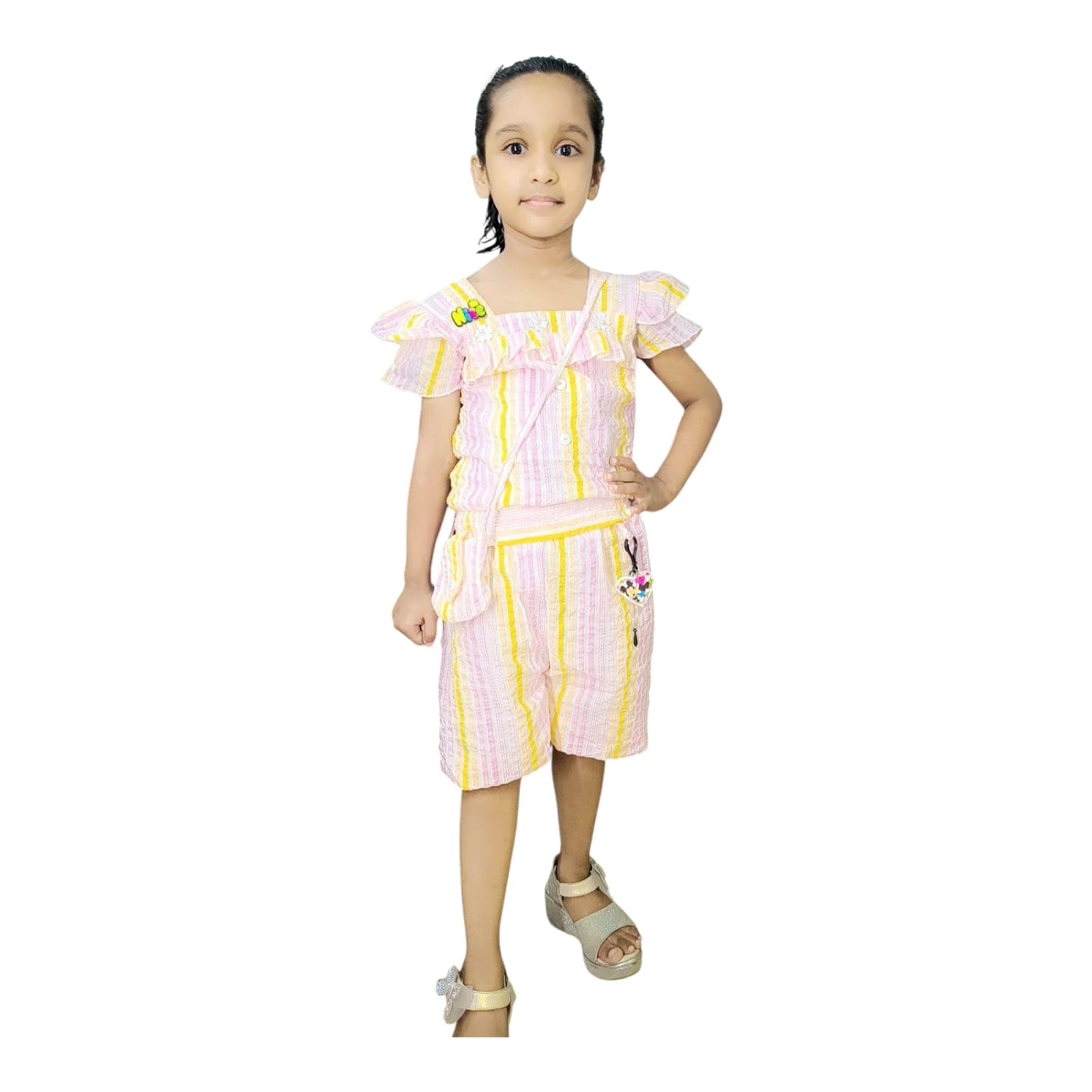 Girls' Striped Ruffle Jumpsuit, Cotton Summer Romper with Floral Embroidery-image-1