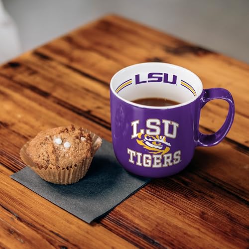 Image of Logo Brands NCAA LSU Tigers 15 oz Stripe Coffee Mug - Vintage Team Logo, Inside Print & Stripes, Microwave & Dishwasher Safe- Great Gift For Fans & Alumni