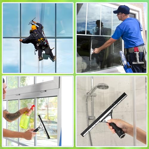 Professioneller Fensterabzieher, 30 cm Edelstahl-Fensterputzer, Schwarz Weichem Gummigriff Fensterwischer, für Glas, Fliesen, Fensterreinigung, Mit Ersatz-Klebestreifen und -Haken
