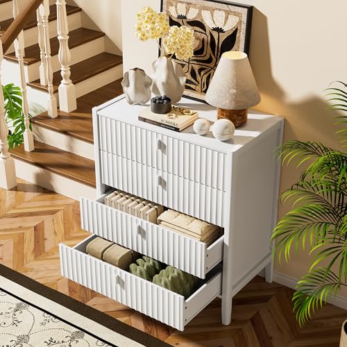 Image of Furniway White 4 Drawer Dresser, 31.5 inch Wide Modern Chest of Drawers with Fluted Front and Metal Handles, Storage Dresser for Bedroom, Living Room, or Entryway