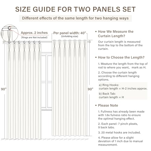 Pinch Pleated Blackout Curtains 90 Inch Long, Linen Blend, 100% Blackout Drapes with 20 Hooks, Ideal for Bedroom and Living Room, 40" W x 90" L (Pack of 2), Natural
