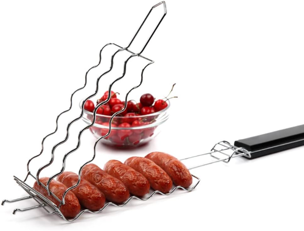 Barbecue Grilling Basket, 6 Hot Dogs Metal Barbecue Sausage Rack Grill Mesh Clip Holder Picnic Kitchen Tools BBQ Basket for 6 Sausage Links