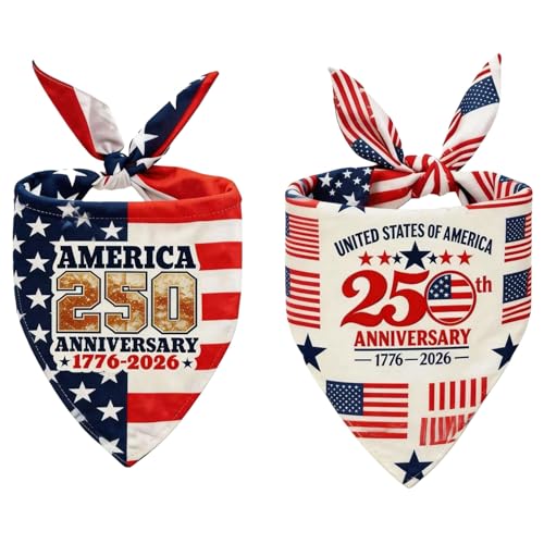 2Pcs 250th Anniversary USA Patriotic Dog Bandanas Large Triangle Memorial Day Independence Day American Flag 4th of July Scarf for Big Boy and Girl Dogs