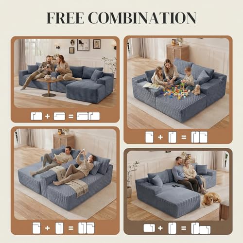 Image of 95 inch L Shaped Cloud Boneless Sectional Couches for Living Room, Modern Comfy Modular Deep Seat Memory Foam Compressed Corduroy Sofa Oversized Left Facing Chaise, No Assembly Required, Grey
