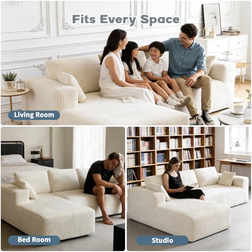 Image of 106 inch Corduroy Sectional Couch, Boneless L Shaped Couch with Deep Seat, Cloud Foam Sofa with Oversized Chaise, Sectional Sofa No Assembly Needed for Living Room