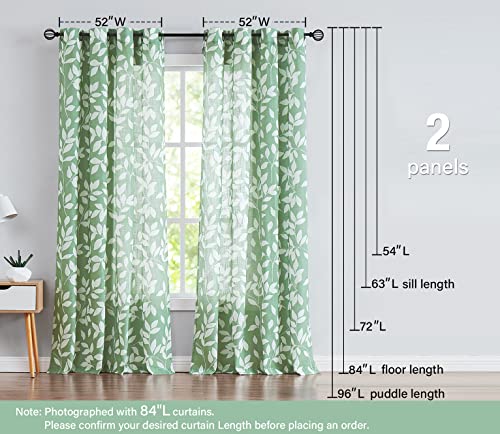 Image of Treatmentex Leaf Print Semi-Sheer Curtains for Living Room Windows 95 inch Long White and Green Window Curtains for Bedroom Grommet Top Curtain Panels, 1 Pair