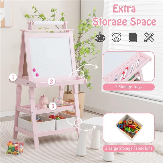 Image of GLACER All-in-One Double Sided Painting Easel for Kids with 2 Storage Bins, Paper Roll, Magnetic Whiteboard & Chalkboard, Gift for Boys & Girls (Pink)