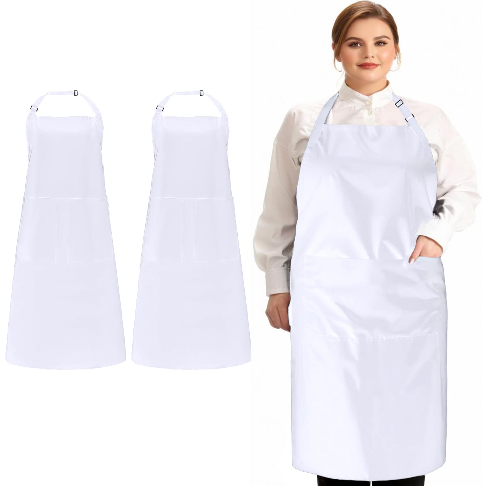 Paquete de 2 delantales de chef grandes negros con 2 bolsillos para hombres y mujeres, camarera, delantal de trabajo profesional
