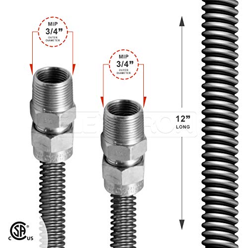Flextron FTGC-SS12-12N Flexible Gas Line, Gas Pipe Connector With 5/8 in. Outer Diameter and 1/2 in. Inside Diameter; 3/4 in. MIP x 3/4 in. MIP Fittings; Uncoated Stainless Steel Gas Hose 12 in. Long - Thumbnail 2