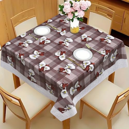 Image of Dakshya Industries PVC Waterproof Square Table Cover 48x48 Inch for 4 Seater Dining Table | Floral Printed Oilproof Stain Resistant Washable Plastic Table Cover, Brown Block