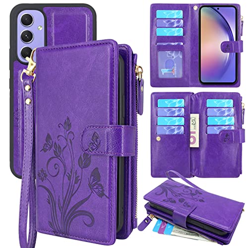 Lacass Compatible With Samsung Galaxy A54 5G 2023 Case [12 Card Slots] Id Credit Cash Holder Zipper Pocket Detachable Magnet Leather Wallet Cover With Wrist Strap Lanyard (Butterfly Purple) #TOP12