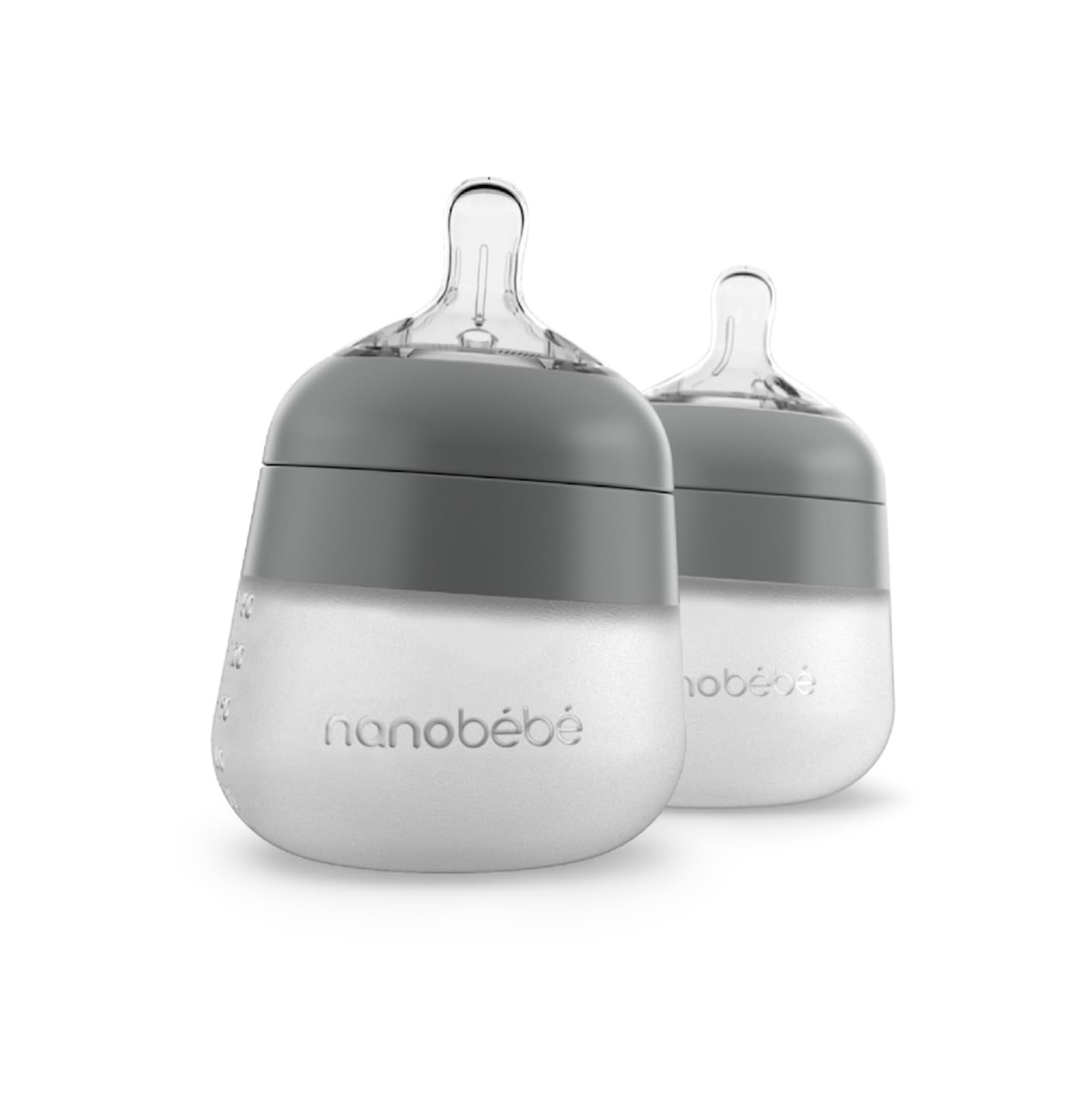 Nanobebe Flexy Silicone Baby Bottle, Anti-Colic, Natural Feel, Non-Collapsing Nipple, Non-Tip Stable Base, Easy to Clean 2-Pack, Gray, 5 oz