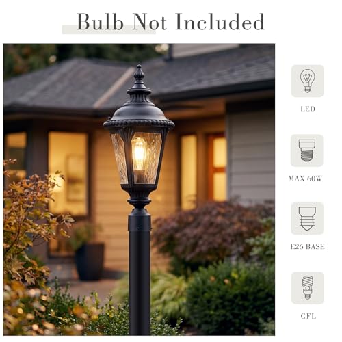 Image of Emliviar Matte Black Lamp Post Light Fixture, 22.4 inch Aluminum Outdoor Waterproof Post Lighting for Yard and Garden, Water Ripple Glass, XE265P-M BK-SW