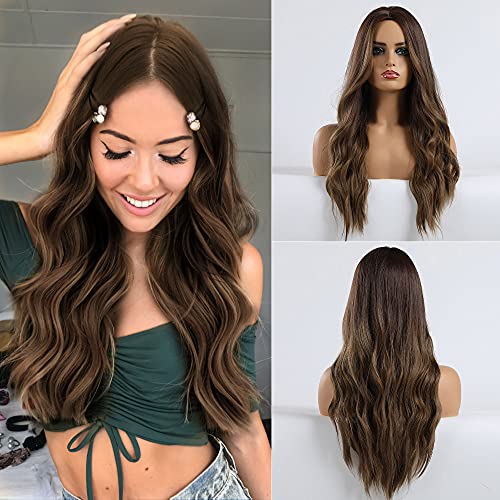 HANYUDIE Ombre Brown Wig Long Wavy Wigs for Women Ombre Brown Wig with Middle Part Wigs Heat Resistant Fiber Synthetic Wigs (Ombre Brown)