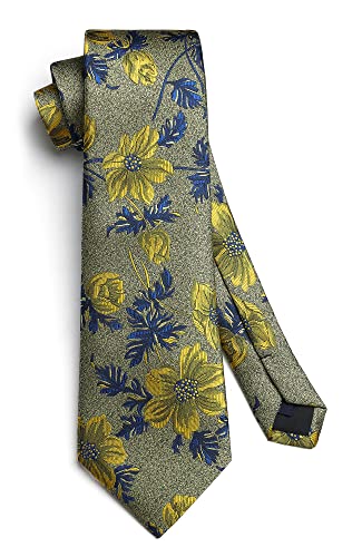 Image of HISDERN Men Floral Ties Woven Classic 3.4 inch Necktie Set Formal Tie Pocket Square for Wedding with Handkerchief Gift Box