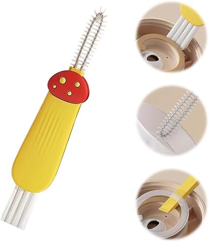Cepillo de limpieza para tapas de vasos y tazas, diseño multifuncional 3 en 1, portátil, para hendiduras, para espacios reducidos (C, amarillo)