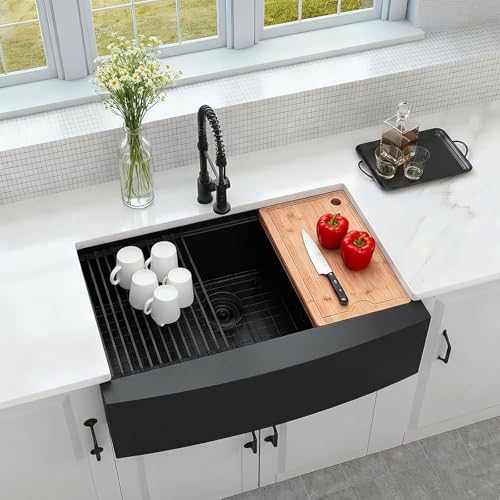 MONSINTA Black Farmhouse Kitchen Sink,16 Gauge SUS304 Stainless Steel Farm Sink, All In One Workstation Sink with Accessories, 33' x 20' x 10' Large and Deep Single Bowl Apron Front Kitchen Sinks