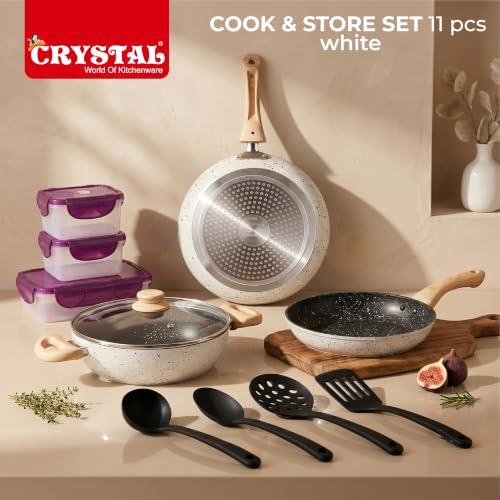 Image of Crystal Aluminum 11 Pcs Non Stick Cookware Set with Induction Bottom | Tawa, Fry Pan, Kadhai with Lid, 4 Serving Spoons, 3 Containers | 4 Layer Non Stick Coating | PFOA Free | White