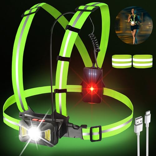 GOMETY Luz de marcha con 2 reflectores, lámpara LED con 2 bandas reflectoras, 5 modos de luz, linterna, recargable, 65 grados, ajustable, impermeable, ligera, para corredores y jogging