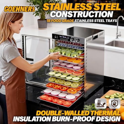 Image of Food Dehydrator Machine 18 Stainless Steel Trays, 18ft Meat Dehydrator for Jerky Up to 194F Temperature Control and 5 Presets and 48H Timer, 1000W Food Dryer for Dog Treats, Herbs, Fruit and Veggies