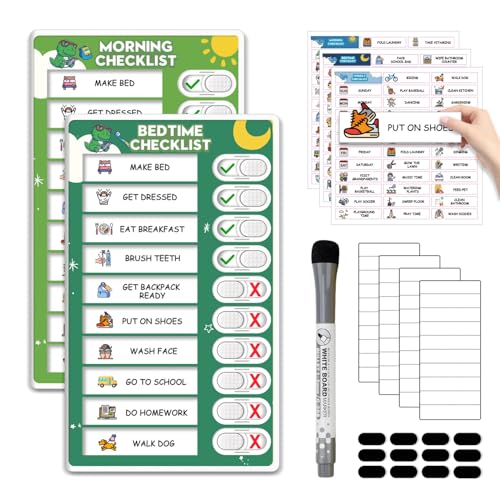 アップグレードされたスライダー 朝/就寝時のルーチンチャート 子供 幼児 - 磁気キッズ雑用チャート 2人用 子供用ドライイレース 雑用チャート 自閉症児のビジュアルスケジュール