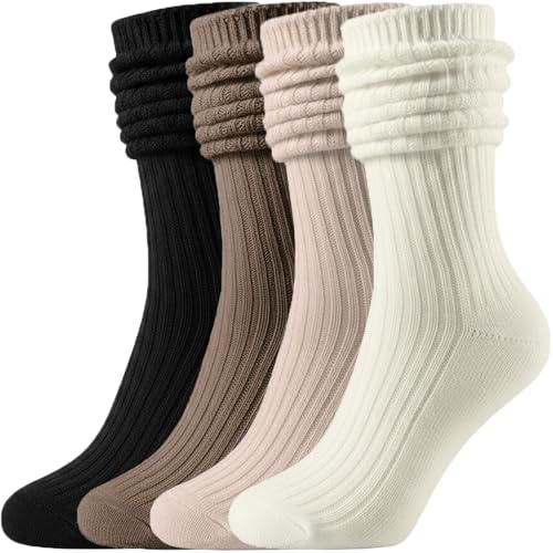 COZYOFFI Womens Slouch Long Socks: 4 Pairs Boot Socks Pairs with Sneakers - Knit Ribbed Fabric