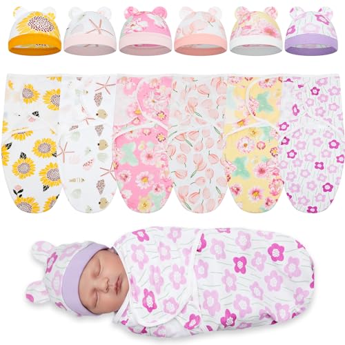 Image of Ramede 6 Pack Preemie Swaddle Blanket with Hats Sleep Swaddle for Baby Boy Girl Preemie Newborn Sacks Soft Cotton Wearable (Flower,Colorful)