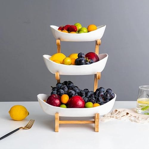 Home Fruit Bowl/Basket Set For Kitchen Counter, Fruit Veggies Tray Snacks Nuts Bread Candy Storage Holder, Ceramic, 3 Tier, (White Porcelain) #TOP2