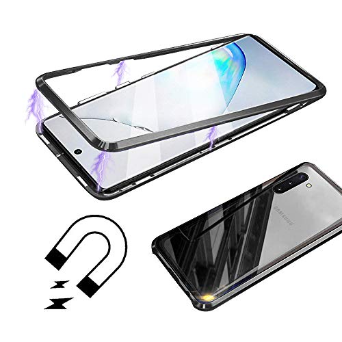 JUNHENG Funda para Samsung Galaxy Note 10 Plus Adsorcion magnetica Tecnología Imanes Fuertes Incorporado Aluminio híbrido Cuadro atrás Transparente Vidrio Templado Proteccion Cover, Negro
