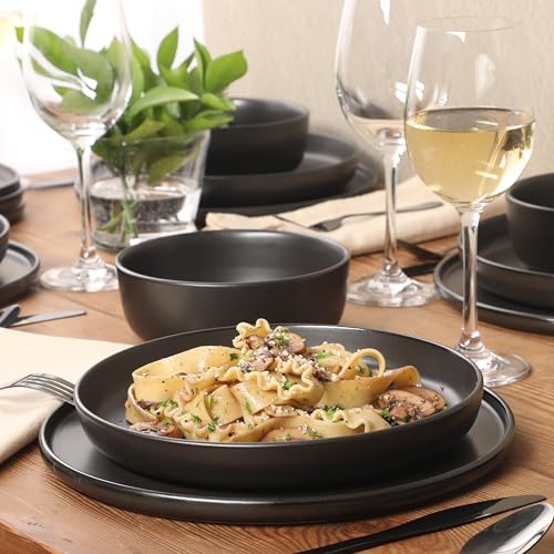 Image of Gibson Elite Bayou Moon Plates and Bowls Sets, 16-Piece Black Matte Stoneware Dinnerware Sets, Solid Color Reactive Glaze Dish Set