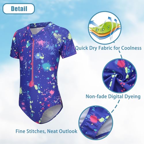 Image of Girls One Piece Rash Guard Swimsuits for Kids Girls Short Sleeve Bathing Suits with Front Zipper Swimwear 3-16 Years