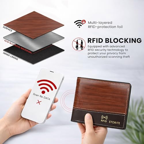 Image of Storite Men's Leather RFID Blocking Bifold Wallet - Slim Purse for Gents with Multiple Card Slots, Coin Pocket & ID Window - Gift for Men - D Wooden (11.5 x 2 x 9.5 cm)