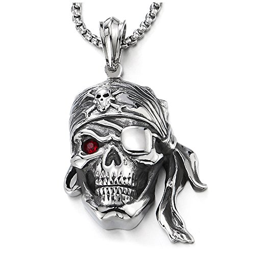 COOLSTEELANDBEYOND Mens Steel Viking Pirate Skull Pendant Necklace with Cubic Zirconia and Wheat Chain
