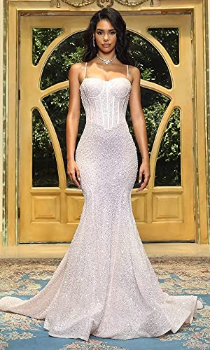 Women's Sequin Mermaid Prom Dresses Long Spaghetti Straps Sparkly Formal Dress Evening Gowns4