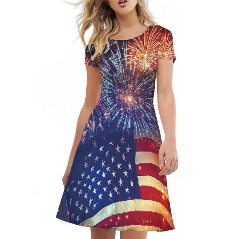 Image of Irisjudy T Shirt Dress for Women Short Sleeve Girls Short Sleeve Dress Plus Size, O Neck Knee Length Midi Dress for Ladies