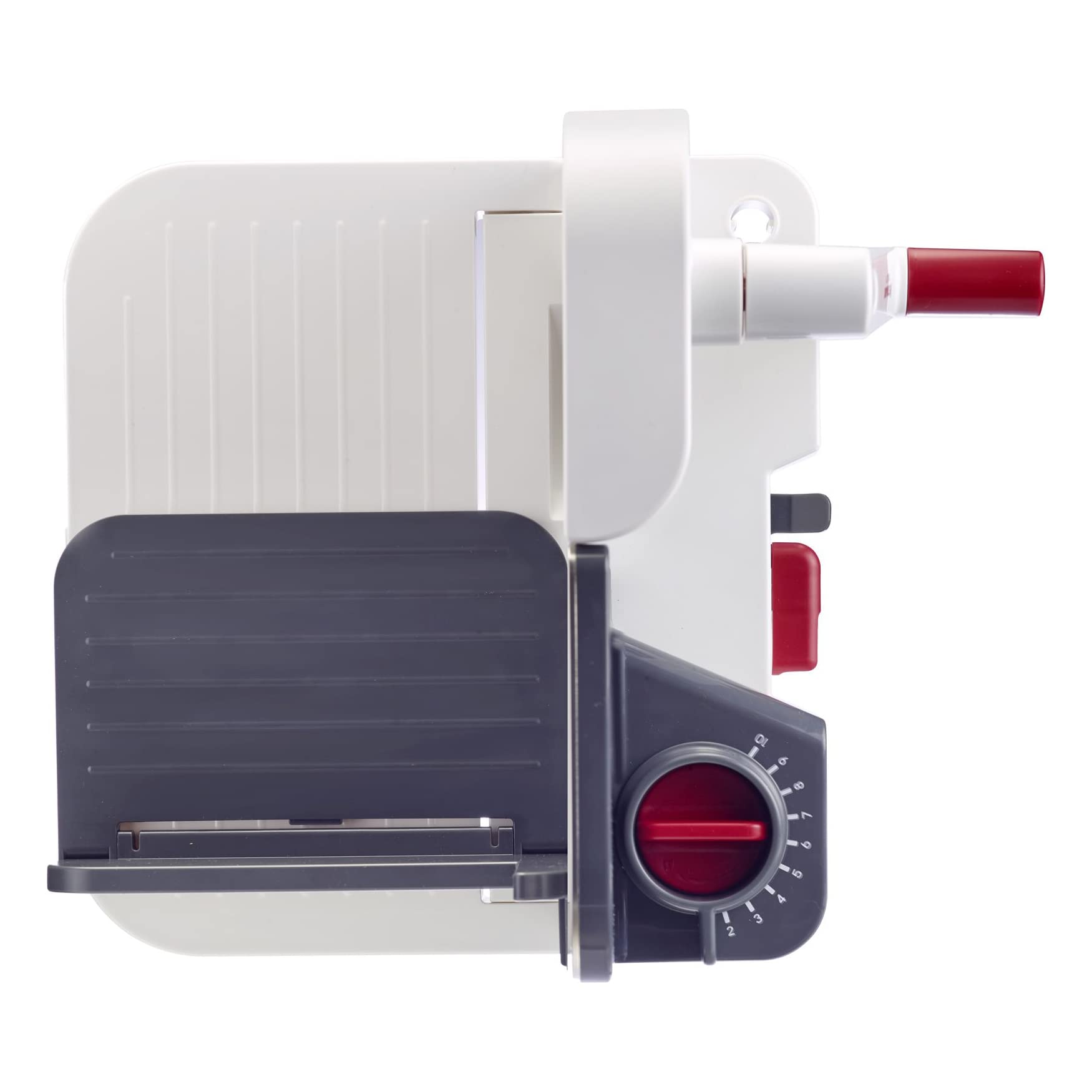 Westmark Taglierina Universale, Spessore di Taglio Regolabile in Continuo, Coltello Rotondo Molto affilato, plastica/Acciaio Inossidabile, Compatto, Bianco/Antracite/Rosso, 97012260