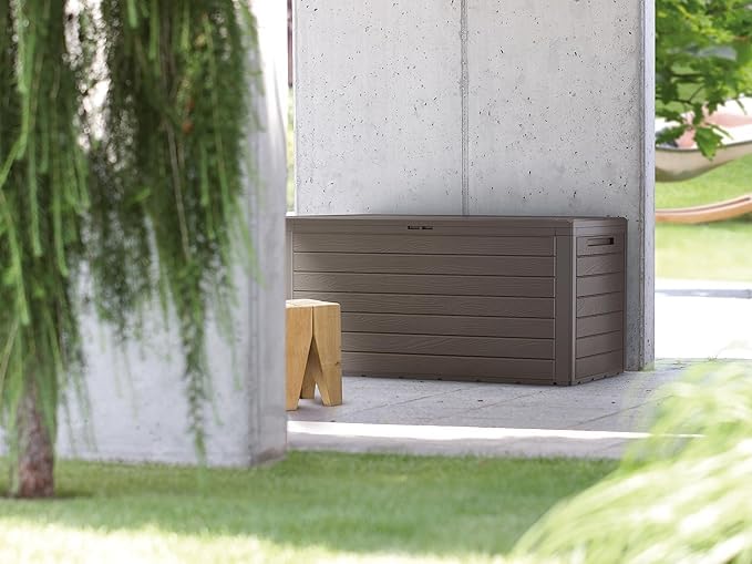 YOUNOT Baule da Giardino Impermeabile, Cassapanca Contenitore da Esterno con Maniglie, 280 L, Effetto Legno, Marrone (280L, Marrone)