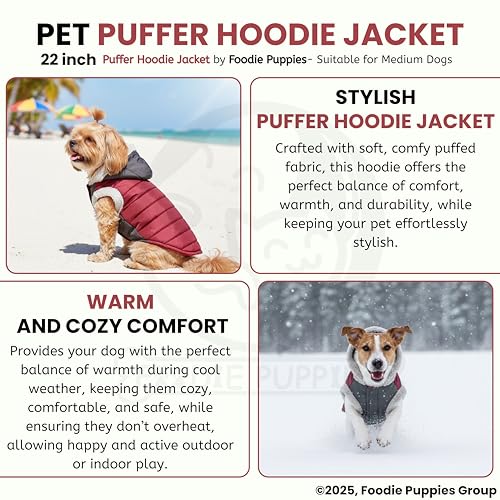 Image of Foodie Puppies Dog Puffer Hoodie Warm Winter Jacket - (Maroon Grey, 22 Inch) for Medium Sized Dogs | Ultra Warm Waterproof & Windproof Fur Coat | Washable Pet Vest Apparel for Cold Weather