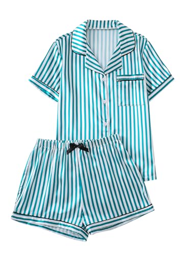 Image of Remidoo Women's Silk Satin Pajama Set Striped Button Down Pjs Short Sleeve Loungewear Green X-Large